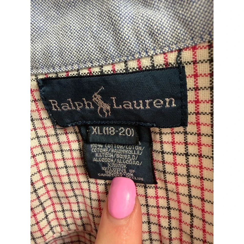 Ralph Lauren‎ Button Down Boys XL 18-20 Red White Plaid Excellent Long Sleeve